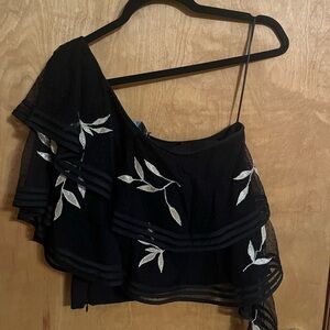 Sachin and Babi Chic Black One-Shoulder Top with Silver Leaf Embroidery